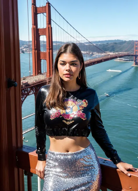 araffes in a sequinned skirt standing on a railing overlooking the golden gate bridge