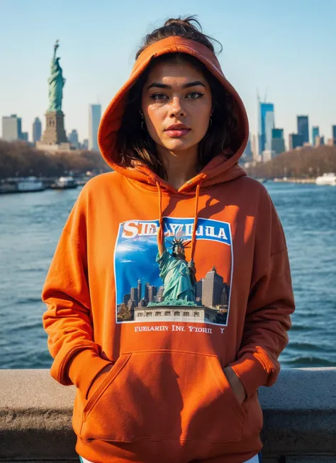 a woman in an orange hoodie stands on a bridge near the water