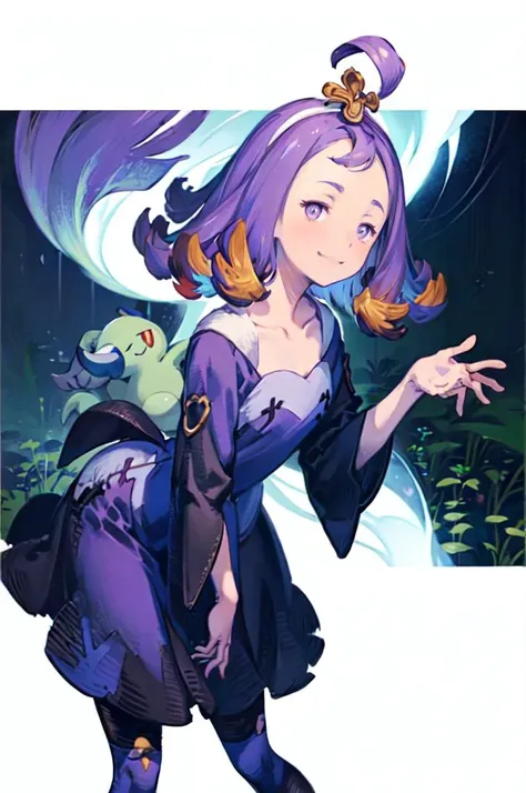 <lora:Acerola_Pokemon:0.8> acerola (pokemon), purple eyes, purple hair, topknot, flipped hair, collarbone, purple dress, sleeves, stitches,  multicolored dress, armlet,
smile, ghost pose, hands up,  leaning forward, straight-on,    <lora:Yoshida_Akihiko_st...