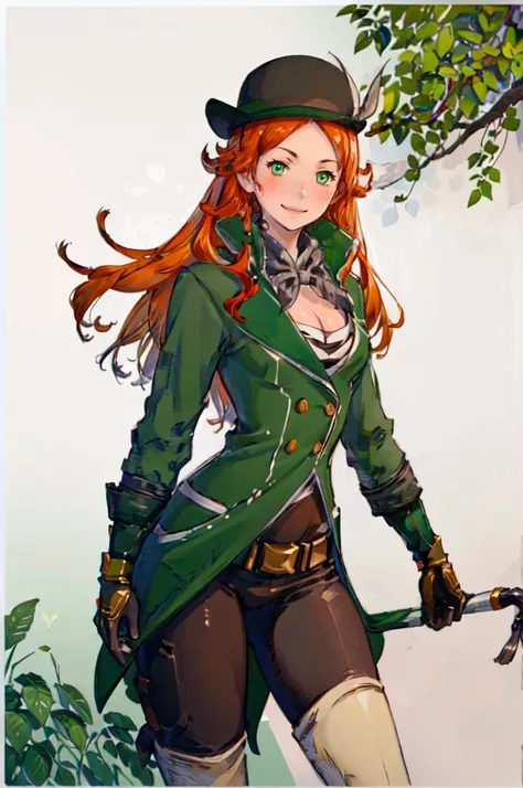 smile, coin on string,  <lora:Leprecon_Artist:0.8> 1girl, green eyes, orange hair, long hair, medium breasts, hat, gloves, cleavage, jewelry, green jacket,  <lora:Yoshida_Akihiko_style_v01:1>, absurdres, ultra detailed, masterpiece, best quality, aesthetic...