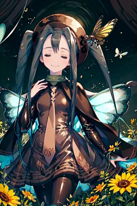 a woman in a dress and butterfly wings standing in a field of flowers