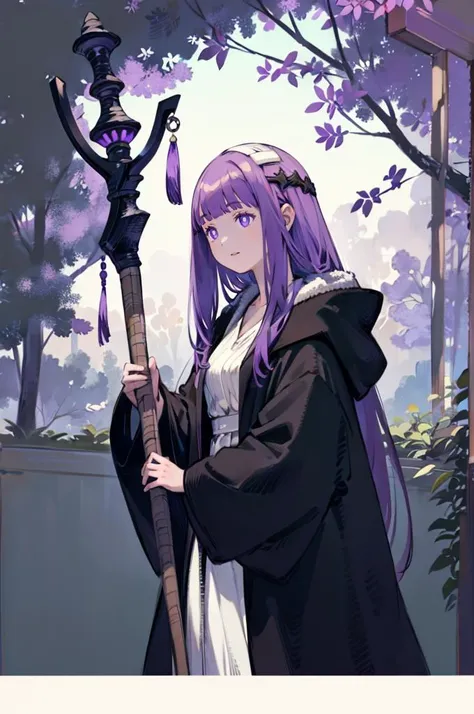 <lora:Yoshida_Akihiko_style_v01:0.85>   <lora:Fern:0.8> FernFrieren, very long hair, purple eyes, (purple pupils), white dress, black robe, magic staff,, ultra detailed, masterpiece, best quality, aesthetic, detailed,