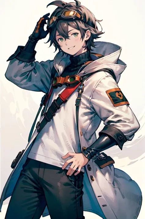 <lora:Yoshida_Akihiko_style_v01:0.85>, ultra detailed, masterpiece, best quality, aesthetic, detailed,, ultra detailed, masterpiece, best quality, solo, smile, 1boy, green eyes, short hair, black hair, bangs, hair between eyes, messy hair, (goggles on head...