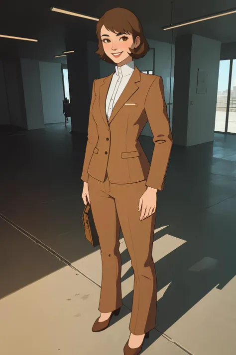 limited palette,flat color,1girl, <lora:zs_Toriumi:0.9>,toriumip3, short hair, brown hair, brown eyes, jacket, pants,standing,smiling,cowboy shot,looking at viewer,in concrete building,indoors