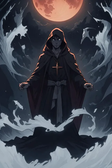 a man in a cloak standing on a rock in front of a full moon