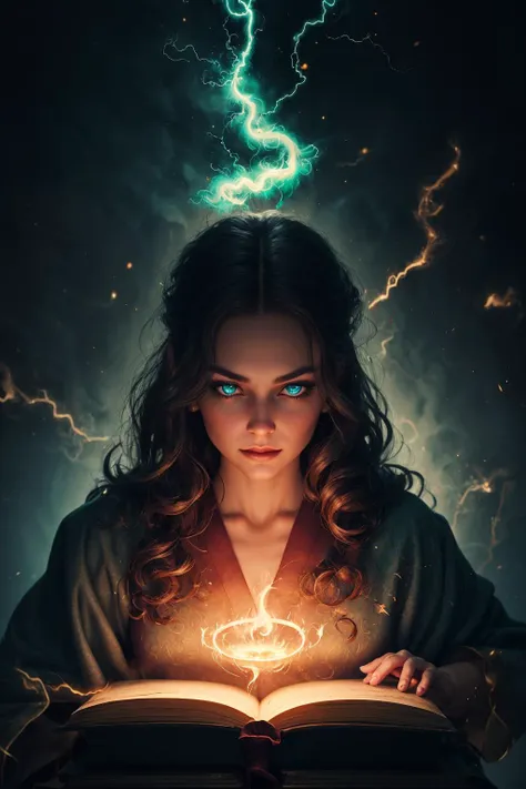 a woman holding a book with lightning coming out of it