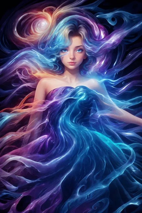 a woman with blue hair and a dress is surrounded by swirling blue and purple hair