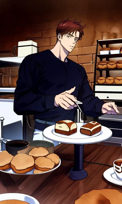 anime man in black shirt cutting a cake with a knife