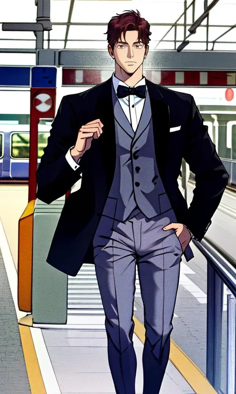 anime man in a suit and bow tie standing in a train station