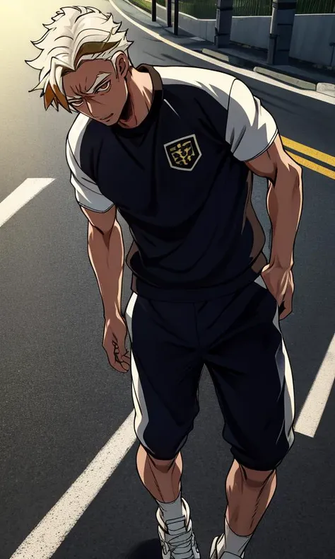 anime character with blonde hair and blue shorts standing on street