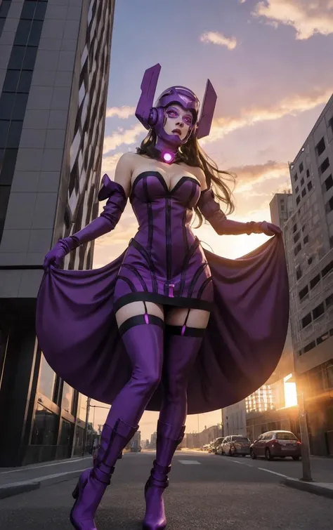 MARVEL_Galacta_daughterofgalactus_ownwaifu,
1girl, long hair, black hair, purple eyes, lips, nose, helmet, mask, makeup, lipstick, giant, giantess, animification, personification, glowing, glowing eyes,  large breasts, breasts, 
cleavage, bare shoulders,  ...