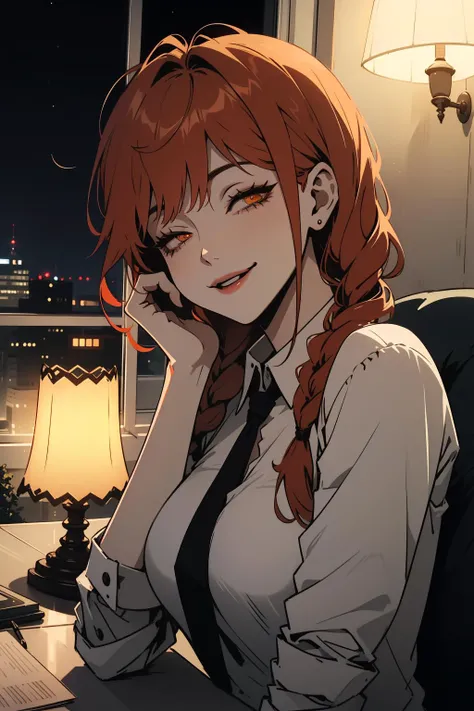 1girl, red hair, medium hair, 2 long braids, orange eyes, half-closed eyes, seductive smile, office lady, night time, lamp light,   <lora:makima_offset:0.6> makima (chainsaw man)