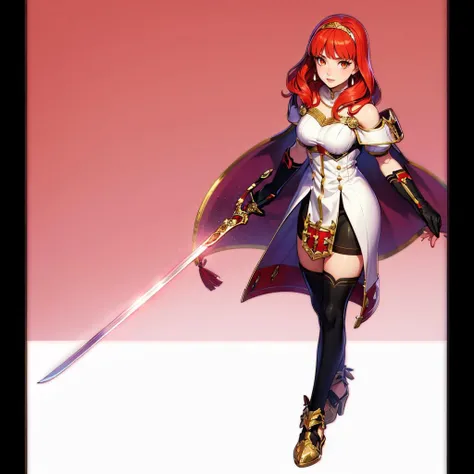 celica fe, 1girl, long hair, red hair, [yellow eyes|red eyes], solo, tiara, hairband, (gloves), dress, jewelry, holding sword, cape, <lora:Char_fef-Celica_KW-Celica_spc_FE:0.9>