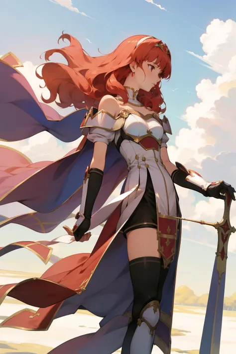 masterpiece, best quality, celica fe, tiara, cape, armor, dress, bare shoulders, thighhighs, pelvic curtain, gloves, standing, from side, sky, clouds <lora:celica-fef:0.9>