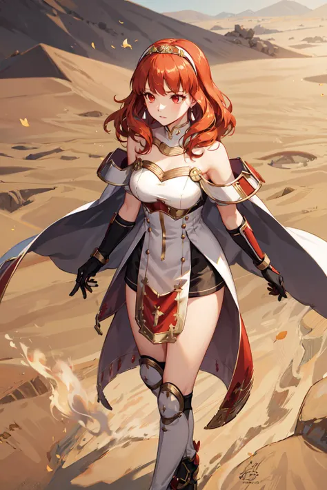 <lora:celica-fef:.8>,  celica fe, red eyes, cape, armor, dress, bare shoulders, thighighs, tiara, gloves, pelvic curtain, desert, sandstorm, sand, blurry, magic, spell, energy, casting spell