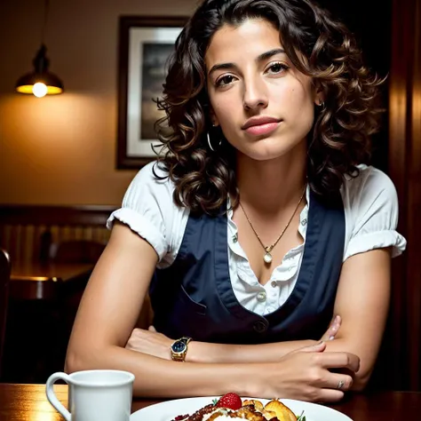 taniaraymonde portrait photo of a woman working as a waitress in a diner, (masterpiece), (best quality), (detailed), (8k), (HDR), (wallpaper), (cinematic lighting), (sharp focus), (intricate), (closeup)