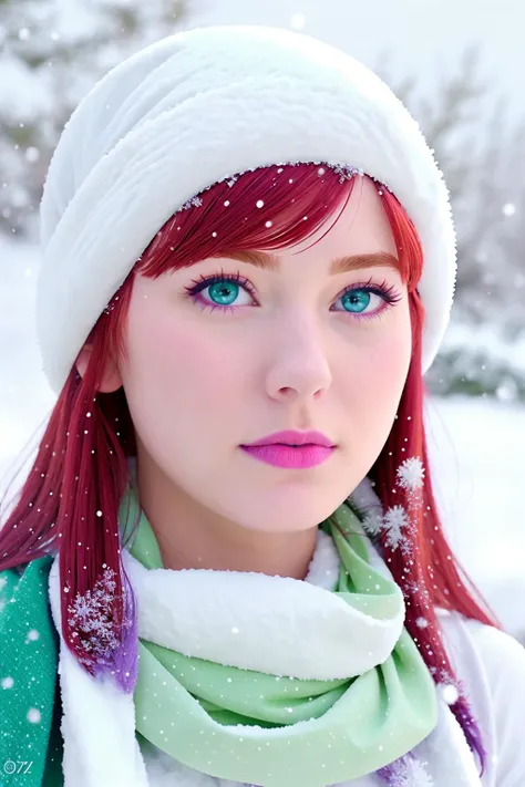 (Photo:1.3), highdetail, <lora:daphne_blake:0.7> daphneblake, redhair, purple headband, green handkerchief, perfect eyes, perfect face, (winter, snowing:1.3), (masterpiece, best quality, detailed:1.3)