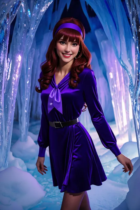 (photo RAW:1.3), 1girl, sfw, <lora:daphne_blake:0.75> daphneblake, (purple dress:1.3), purple headband, green neckerchief, perfect eyes, perfect face, winter, American, full front view, eyes focus, (happy, smiling:1.3), dark red hair, headband, ball earrin...