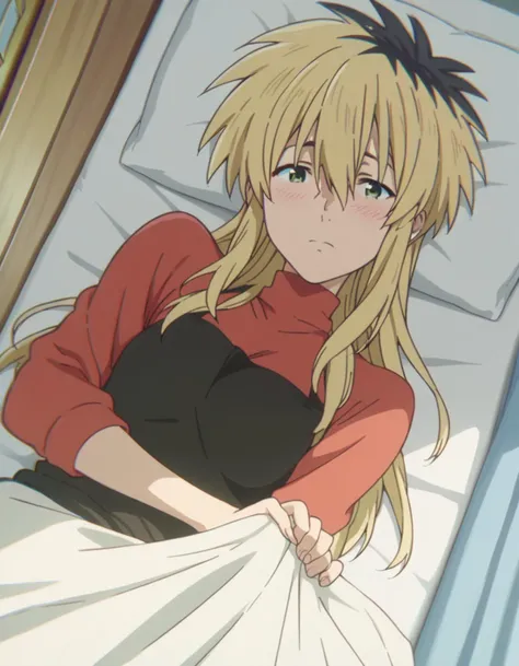 anime girl laying in bed with white sheets and red shirt