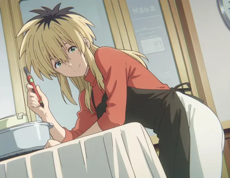 anime image of a woman leaning over a table with a pan and a knife