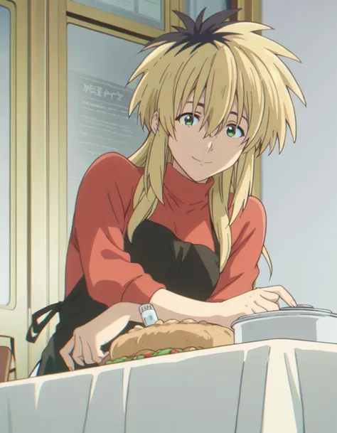 anime girl with blonde hair and black apron sitting at a table