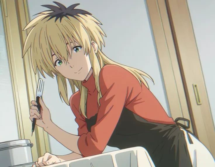 anime girl in red shirt with a knife and fork in hand