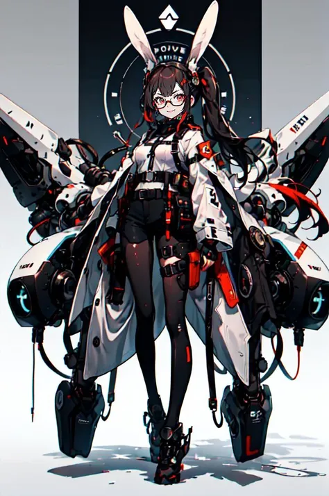 <lora:v1.0Rabbit ear_20230619134547:0.7> Rabbit ear,  Mechanic, mechanical body,, ultra detailed, masterpiece, best quality, aesthetic, detailed,, solo, smug smile, 1girl, purple eyes, red-framed eyewear, (black hair, red colored tips:1.2), red streaked ha...