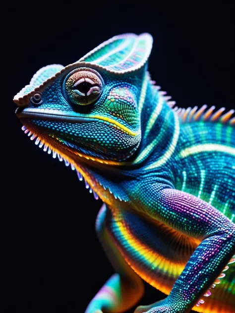 A playful chameleon whose skin shimmers with holographic projections, constantly shifting between mesmerizing fibreoptic patterns FiberOptic <lora:FiberOptic:1>, <lora:EnvyBetterHiresFixXL01:0:hr=1>