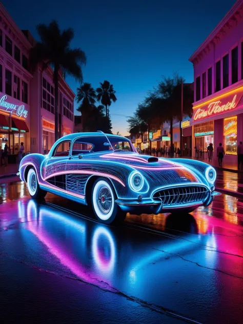 a close up of a car on a city street with neon lights