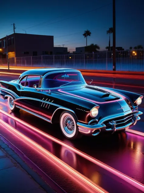 A classic car cruising down a neon-lit street, its chrome and paint job enhanced with glowing FiberOptic lines, making it stand out in the night <lora:FiberOptic:1>, <lora:EnvyBetterHiresFixXL01:0:hr=1>