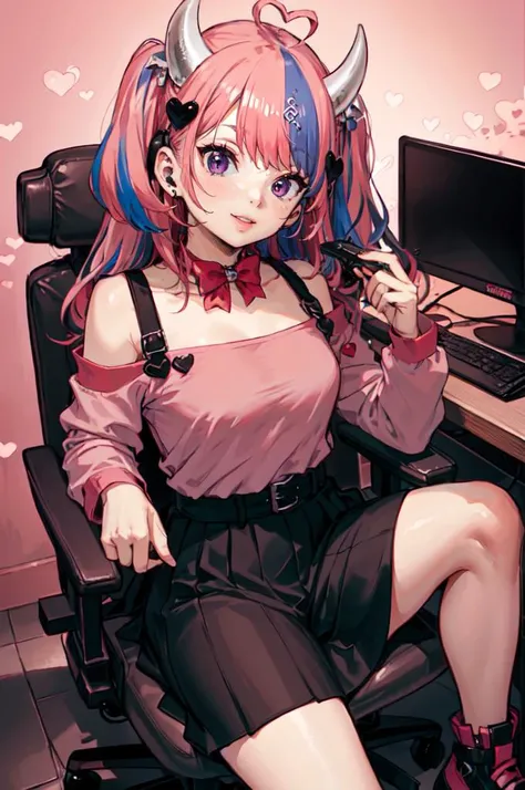 <lora:Ironmouse:0.8> ironmouse, purple eyes, pink hair, purple hair, streaked hair, two side up, horns, black skirt, heart hair ornament, off-shoulder shirt, pink shirt, bow, (ironmouse (1st costume):1.3), vshojo, smile, 
pink room, bed, (gaming chair:1.3)...