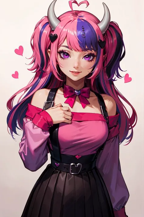 <lora:Ironmouse:0.8> ironmouse, purple eyes, pink hair, purple hair, streaked hair, two side up, horns, black skirt, heart hair ornament, off-shoulder shirt, pink shirt, bow, (ironmouse (1st costume):1.3), vshojo, smile,, absurdres, ultra detailed, masterp...