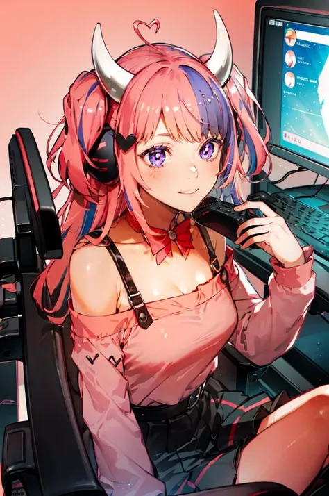 <lora:Ironmouse:0.8> ironmouse, purple eyes, pink hair, purple hair, streaked hair, two side up, horns, black skirt, heart hair ornament, off-shoulder shirt, pink shirt, bow, (ironmouse (1st costume):1.3), vshojo, smile, 
pink room, bed, (gaming chair:1.3)...