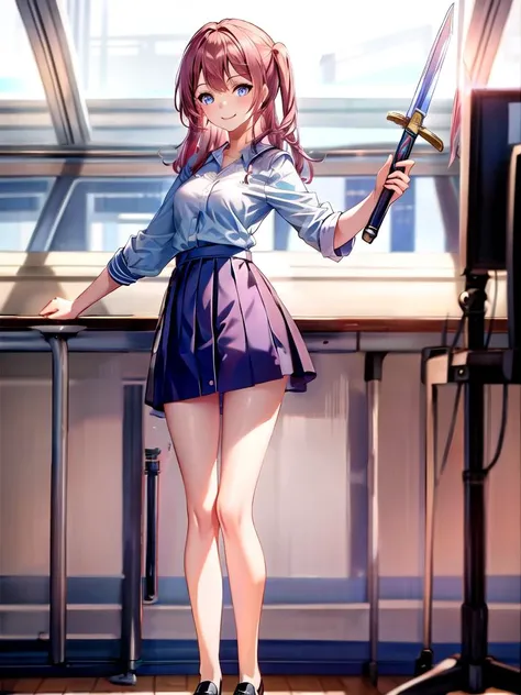 anime girl with a sword standing in front of a tv