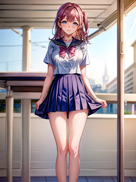 anime girl in a short skirt and a shirt standing on a platform