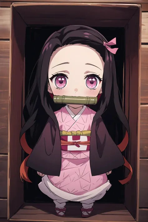 anime, hdr, soft light, ((best quality)), ((masterpiece)), (detailed),  <lora:kamado_nezuko_offset:1> kamado nezuko, cute, (chibi:0.9), black hair, forehead, bit gag, gagged, pink eyes, very long hair, hair ribbon, japanese clothes, pink kimono, multicolor...