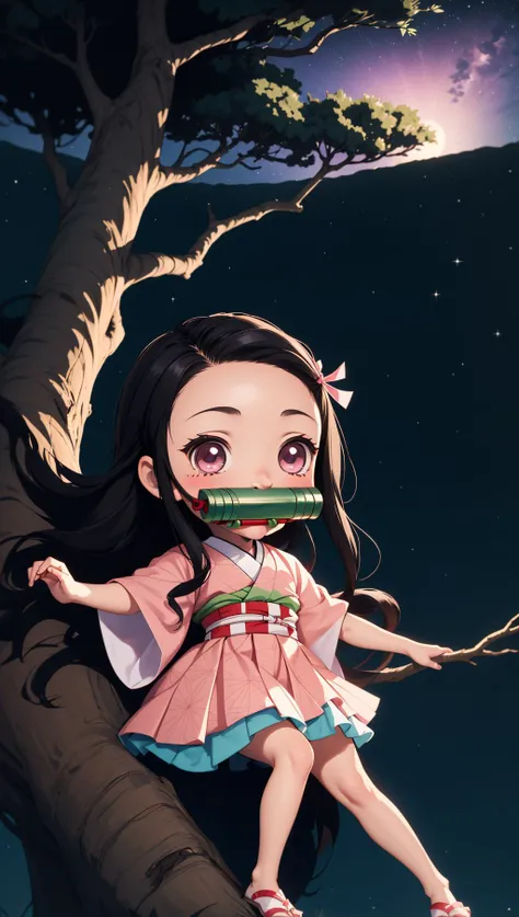 masterpiece, best quality, 1girl,    <lora:kamado_nezuko_offset:0.8> kamado nezuko, bit gag, gagged, kimetsu no yaiba,  chibi,  night climbing tree,