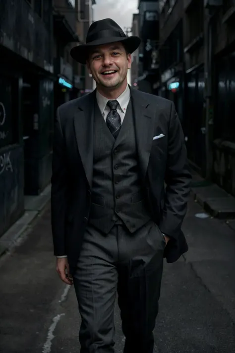 arafed man in a suit and hat walking down a street