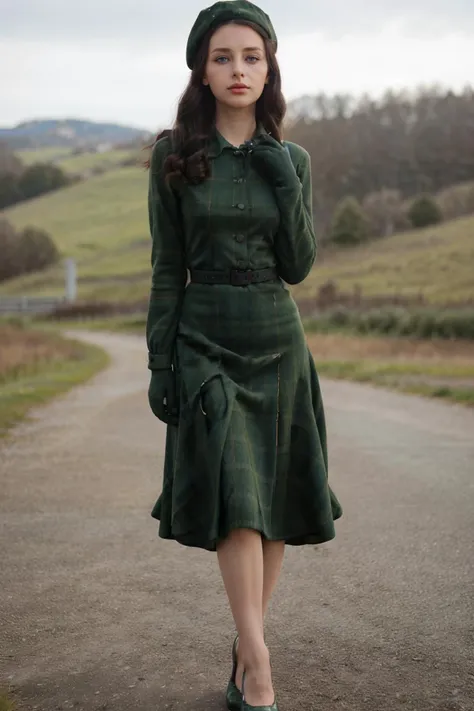 a woman in a green dress and hat walking down a road