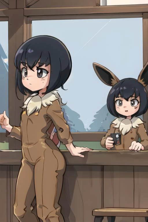 two anime girls in uniform standing at a bar with a cat