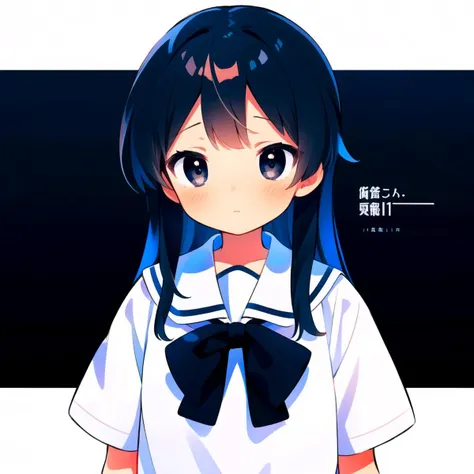 anime girl with long black hair and blue eyes in a white shirt