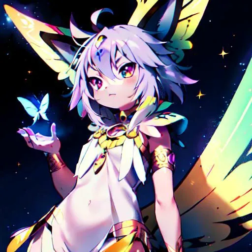 espeon,<lora:furryEeveelutionLora_v2:0.8>, Beautiful Art Style, 1girl, young woman, looking at viewer, bonny, cosmic, butterfly sitting, egyptian costume, tofu, tofureal, tofudark,  <lora:40_tofu-000002:0.8>