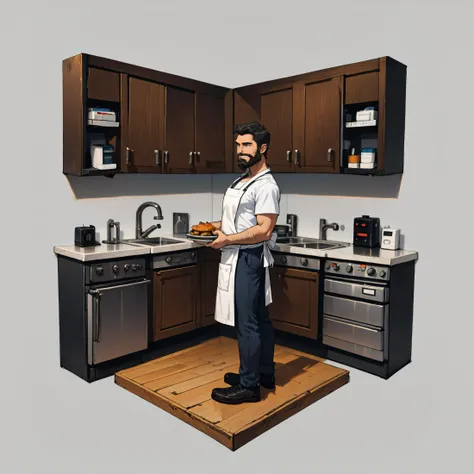 hx, (man, beard, from side, apron, shirt, pants, full body), kitchen, sink, stove, countertop, food, <lora:hexagon_composition_p...