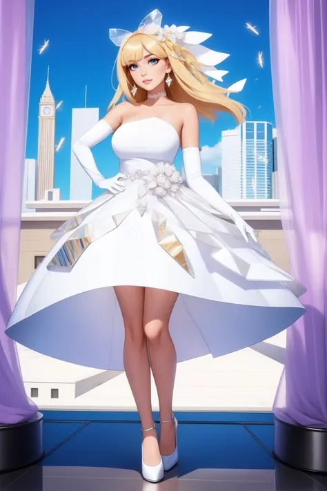 (full body:1.2), adult, large breasts, woman, wearing  lgdress_1, one shoulder short white dress, unique, avant-garde silhouette, metallic sheen,large crystal embellishments adorning the dress from the waist and shoulders,   gloves, hair decoration, <lora:...