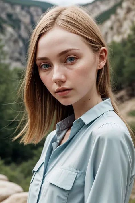 European woman, closeup, sandals, (shirt), pants, (glenwood canyon), ZM_lotte, wide shoulders, perfect face, (contact iris: 1.1), pale skin, skin pores , depth of field