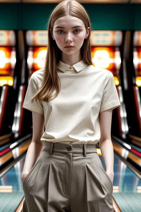 European woman, closeup, sandals, (shirt), pants, (bowling alley), ZM_lotte, wide shoulders, perfect face, (contact iris: 1.1), pale skin, skin pores , depth of field