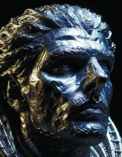 a close up of a statue of a man with a face covered in foil