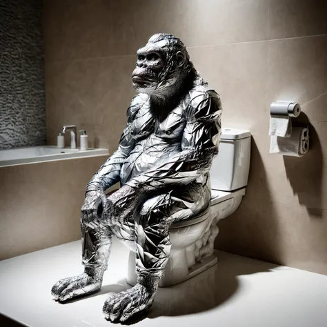 (masterpiece:1.2), best quality, A gorilla wrapped in ral-alufoil <lora:ral-alufoil-sdxl:1> sat on the toilet