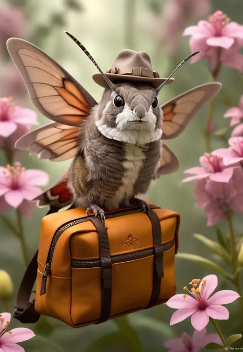 Adventurous cute funny hummingbird hawk-moth,  donned a tiny explorerâs hat and carried a mini backpack,  hover in wild,  blooming garden,  detailed wings,  by Jean-Baptiste Monge,  Gilles Beloeil,  Tyler Edlin,  Marek Okon,  Pixar,  8k,  album art,  com...