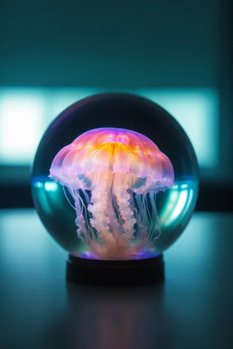 A macro shot of a translucent iridescent jellyfish inside a crystal-clear glass orb, highlighted by soft, diffuse lighting to accentuate its colors and details